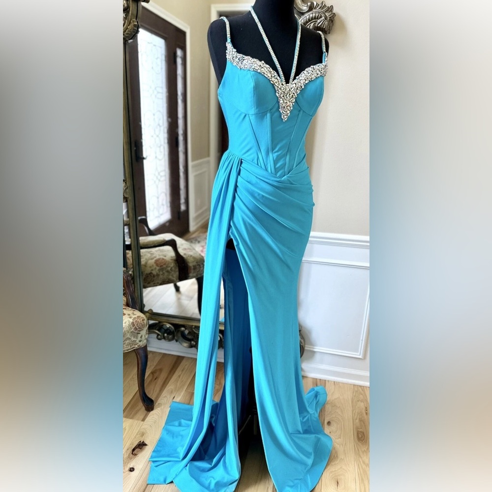 Portia and Scarlett Turquoise Blue Maxi Formal Evening Fitted Gown Size 4 - Picture 2 of 16